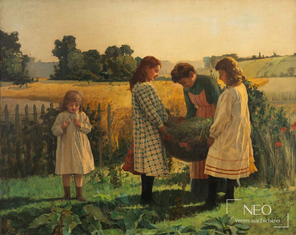 Huile sur toile représentant des enfants cueillant des fleurs dans un paysage champêtre