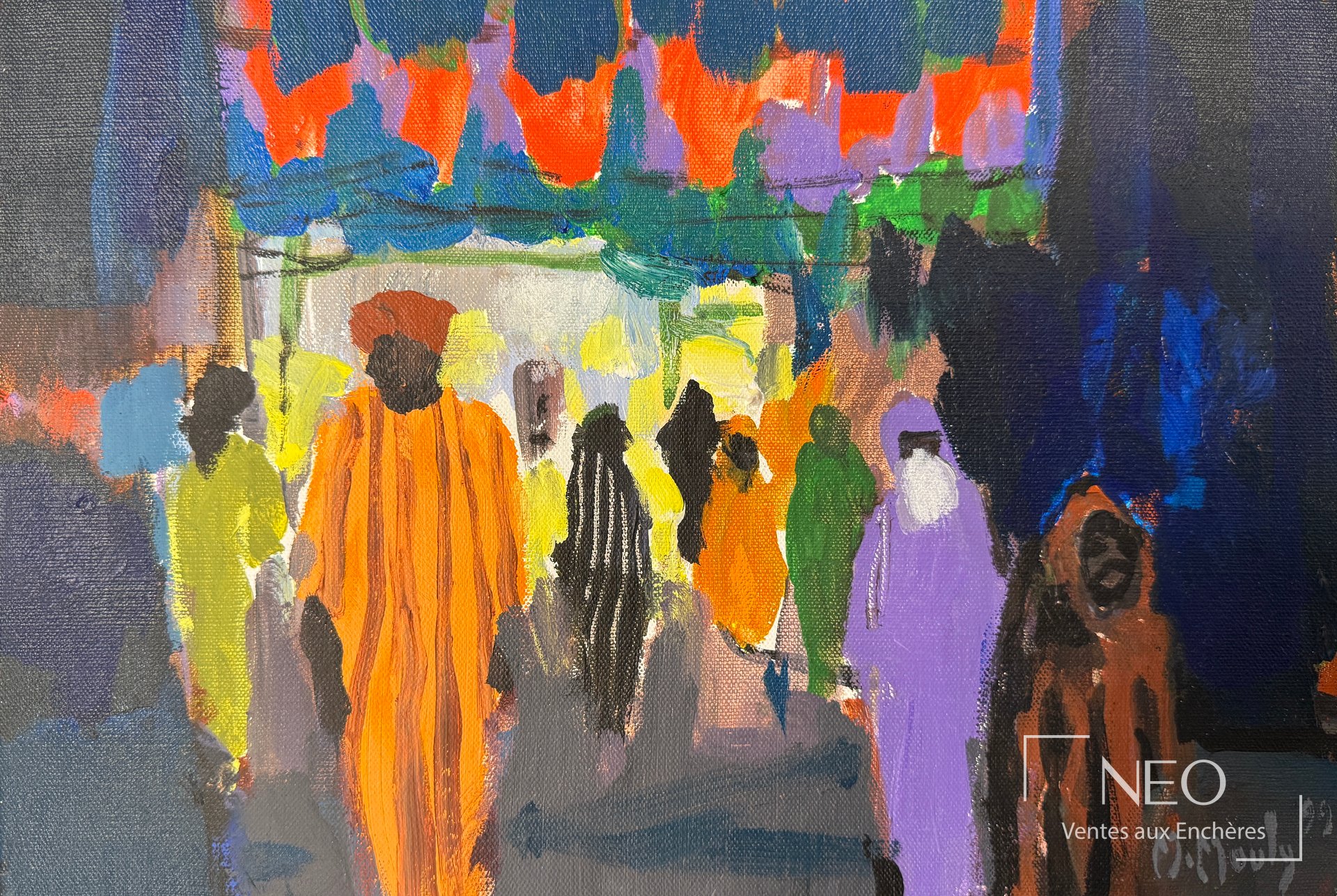 Scène peinte de souk avec figures colorées sous des auvents