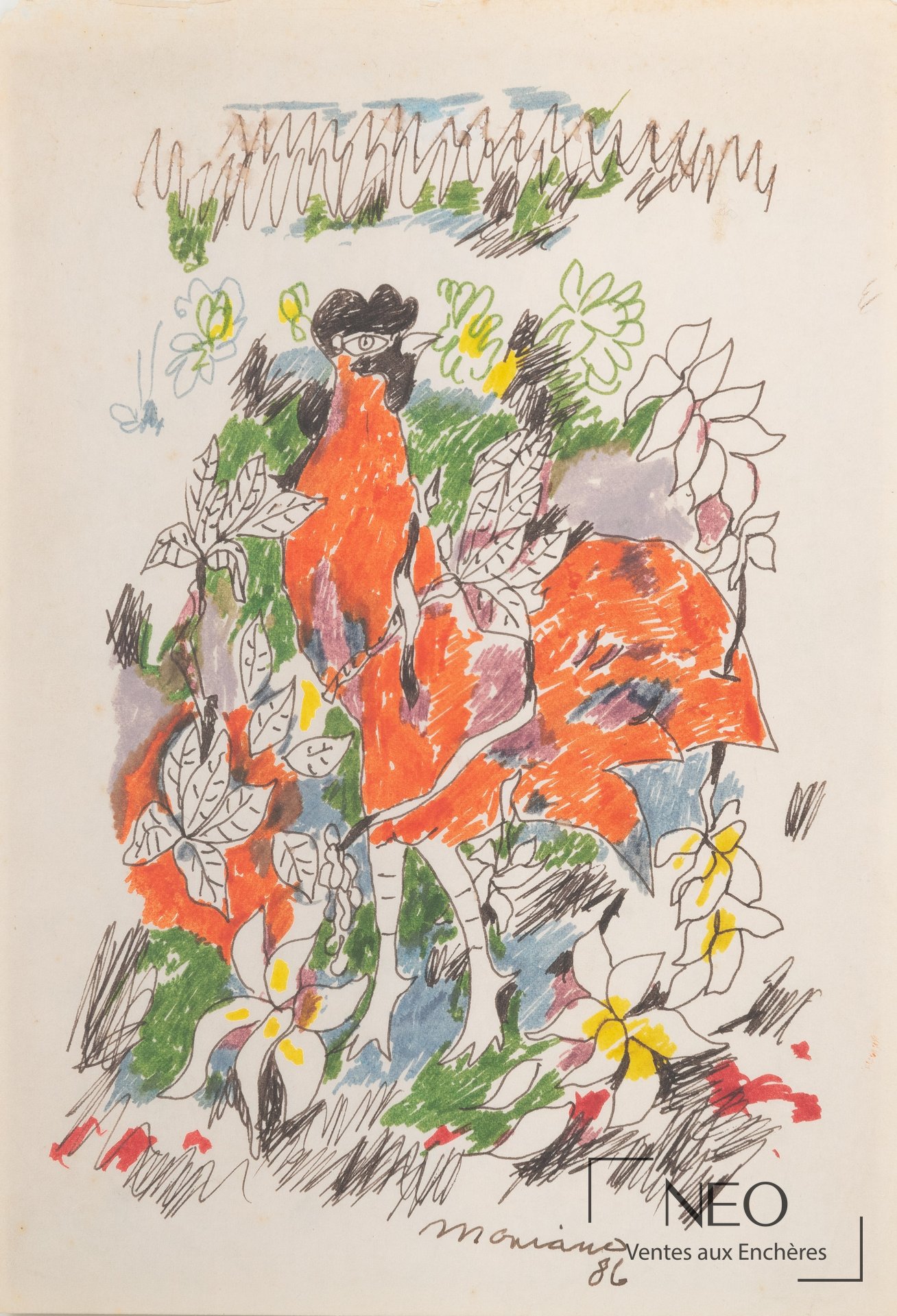 Dessin coloré d'un coq entouré de fleurs sur papier