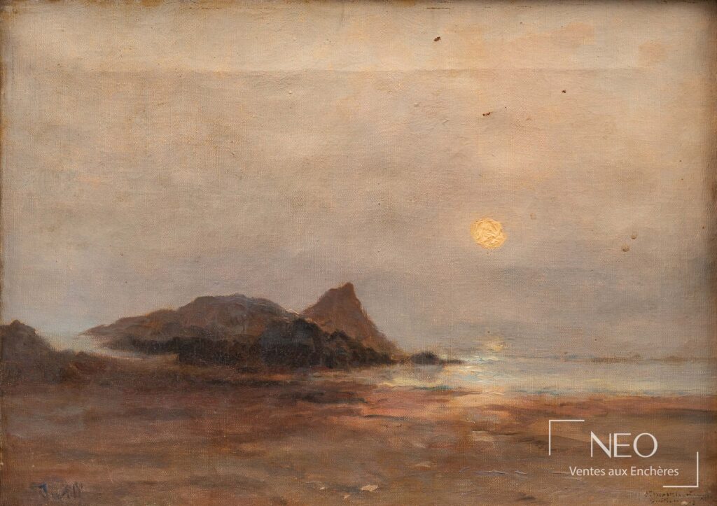Huile sur toile représentant une mer au clair de lune avec rochers au premier plan