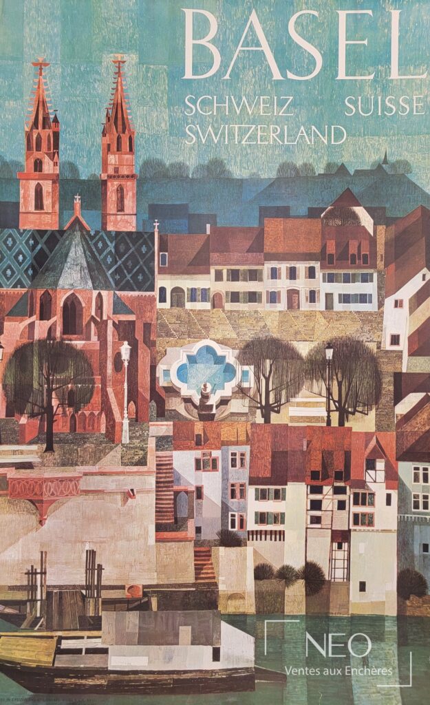 Affiche colorée représentant Basel avec la mention Suisse en haut