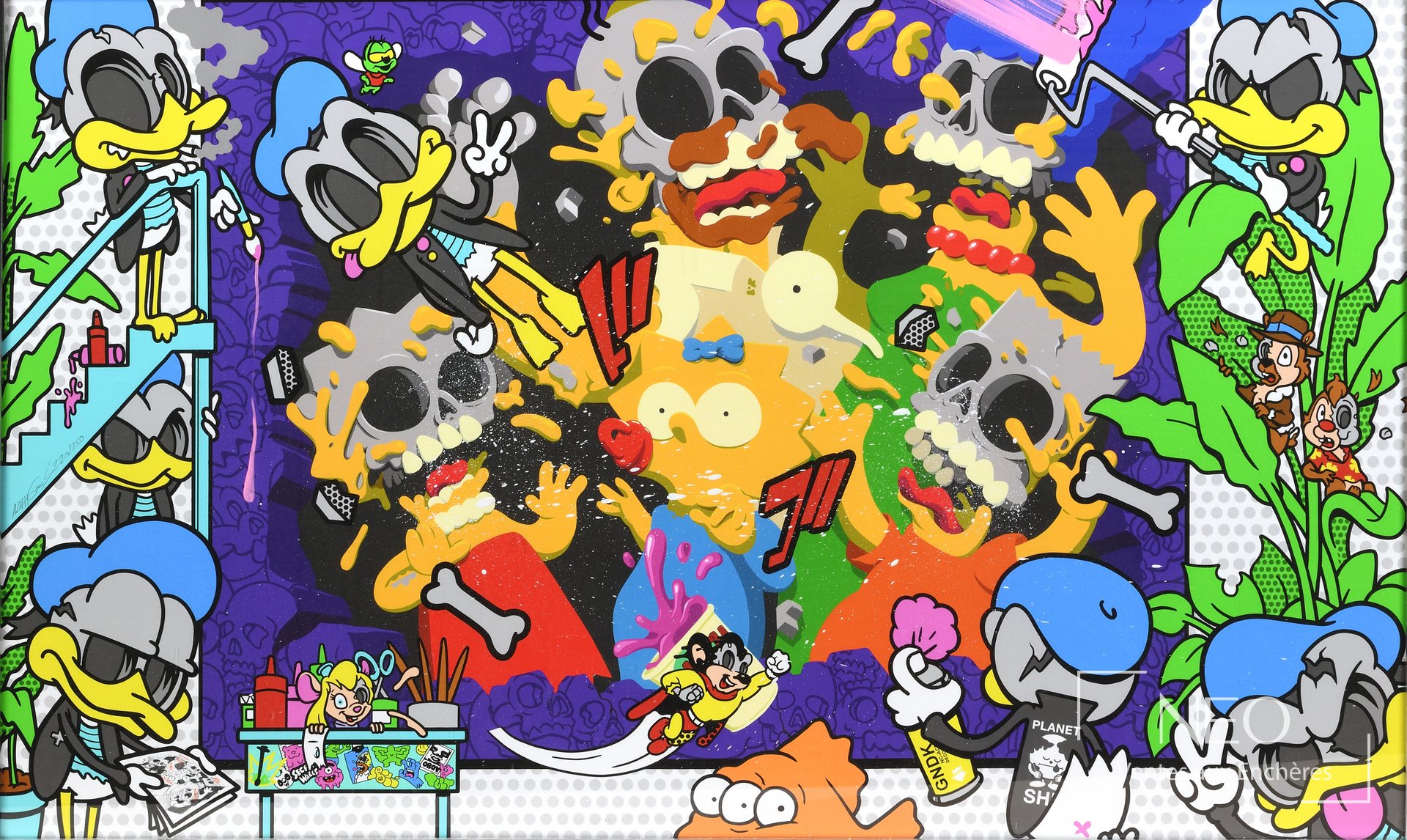 Estampe en couleurs de Matt Gondek montrant des personnages explosés sur fond violet.