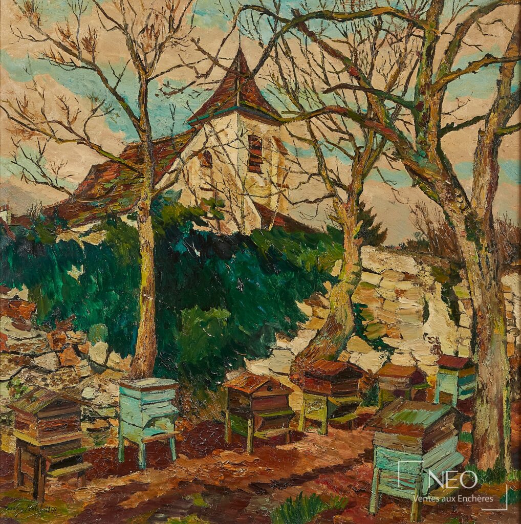 Vue de face de l'huile sur toile représentant une église entourée d'arbres et de ruches