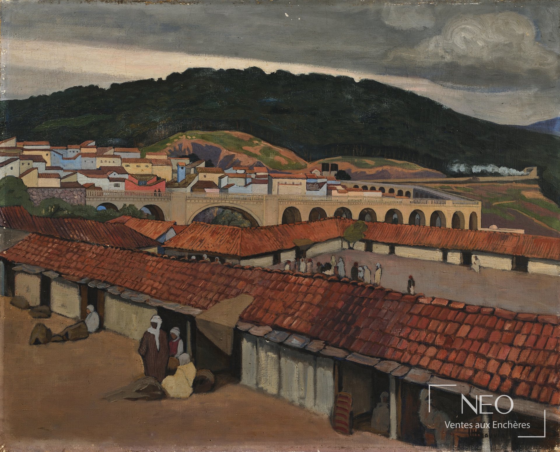 Vue générale du tableau représentant Constantine avec pont et toits rouges sous un ciel sombre