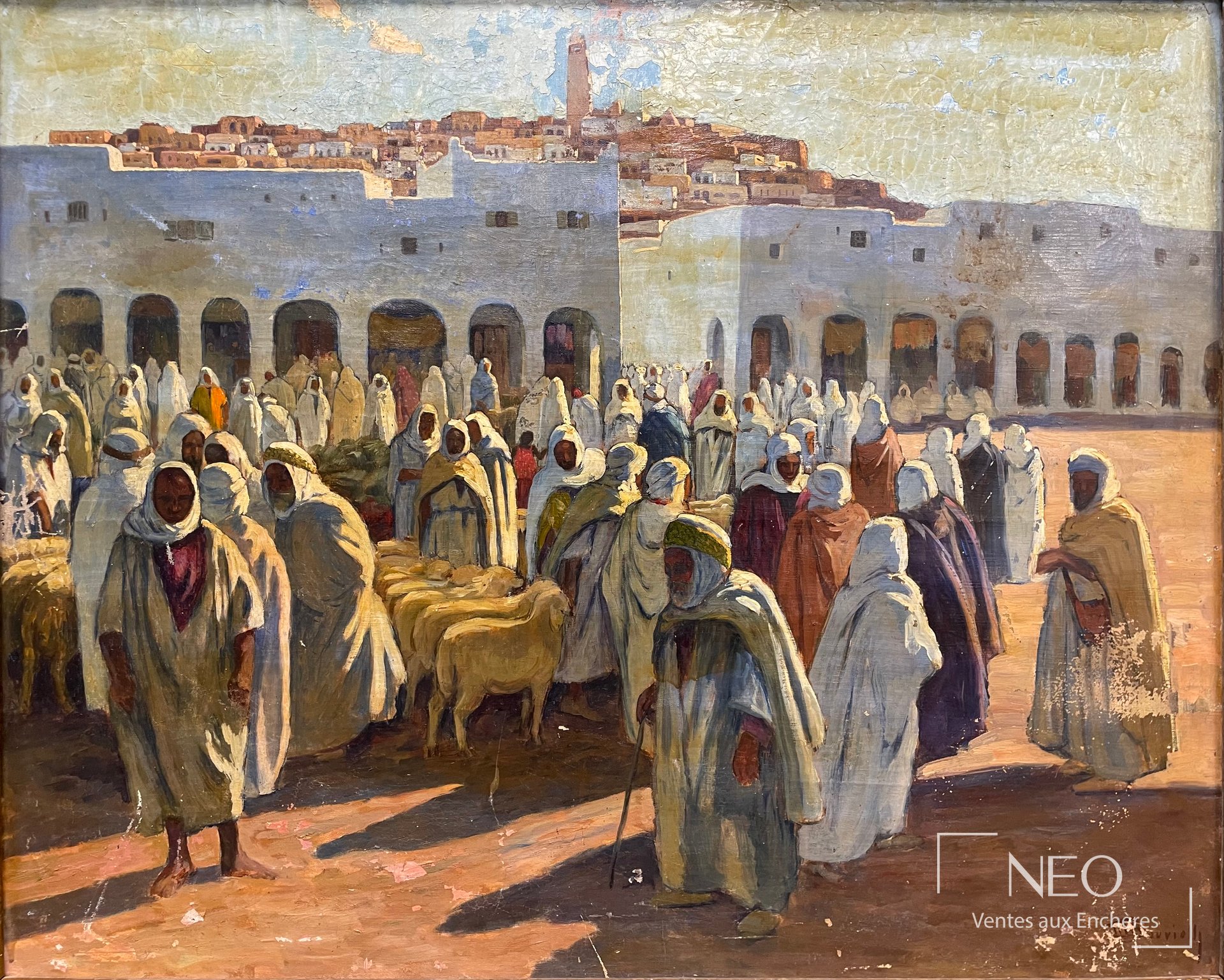 Huile sur toile représentant un marché aux moutons à Ghardaïa
