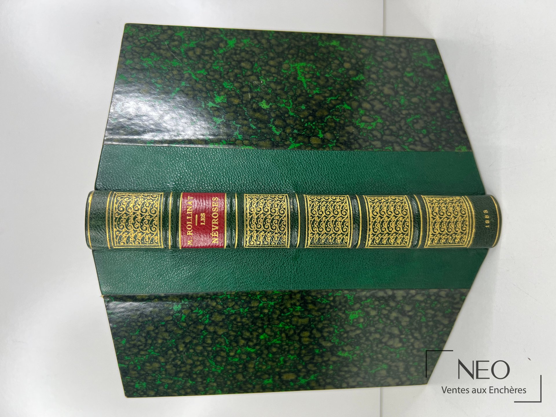 Livre relié en demi chagrin vert avec dos décoré et pièce de titre rouge.