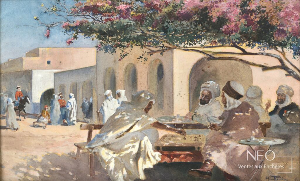 Scène orientaliste de Maurice Romberg de Vaucorbeil montrant des joueurs dans une cour