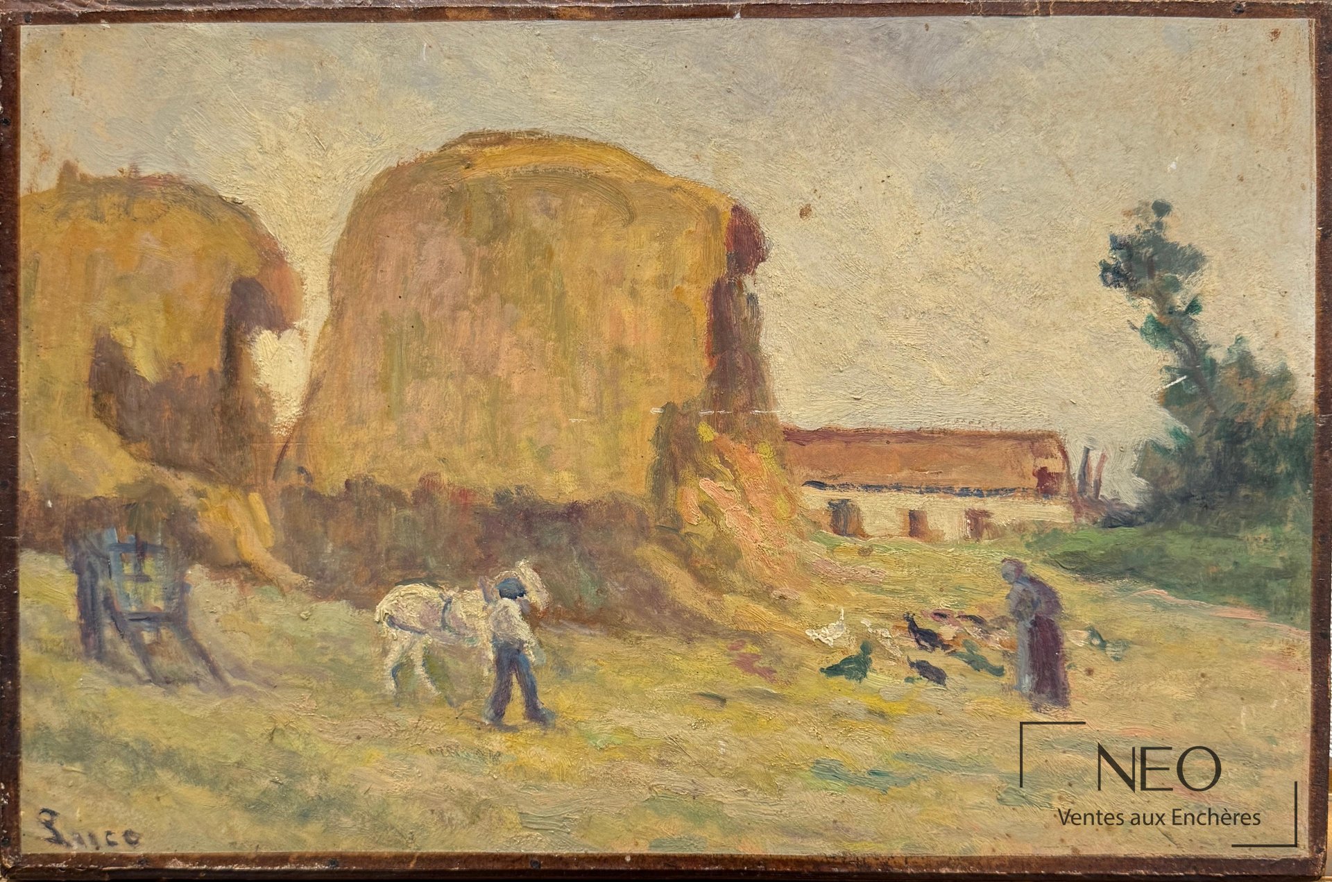 Huile sur toile de Maximilien Luce représentant des meules dans un paysage rural