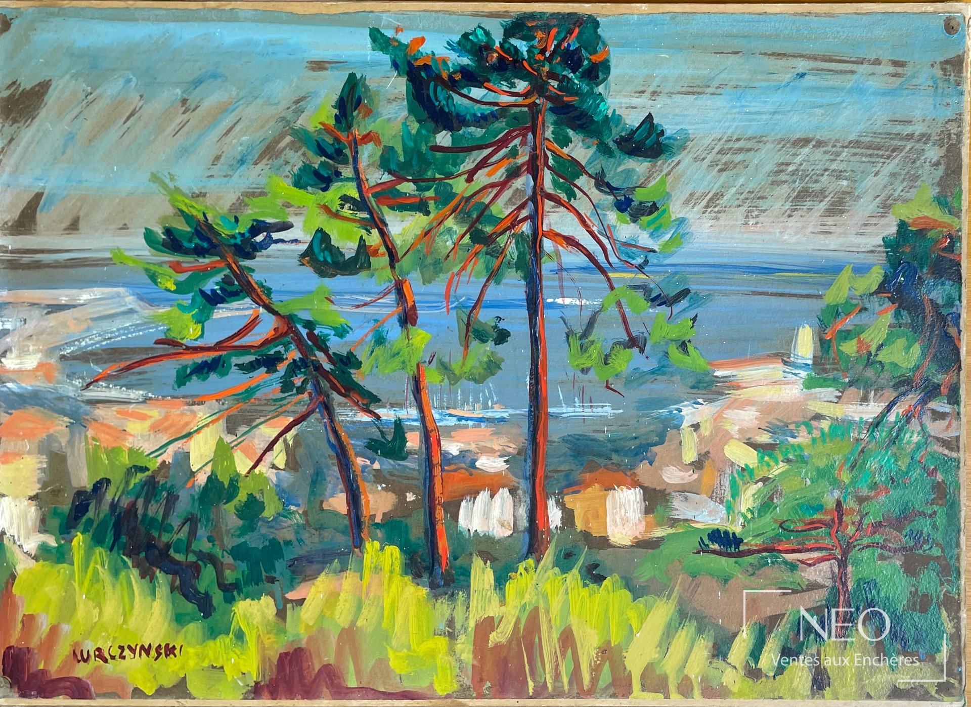 Peinture de Mieczyslaw Lurczynski représentant des pins au bord de mer