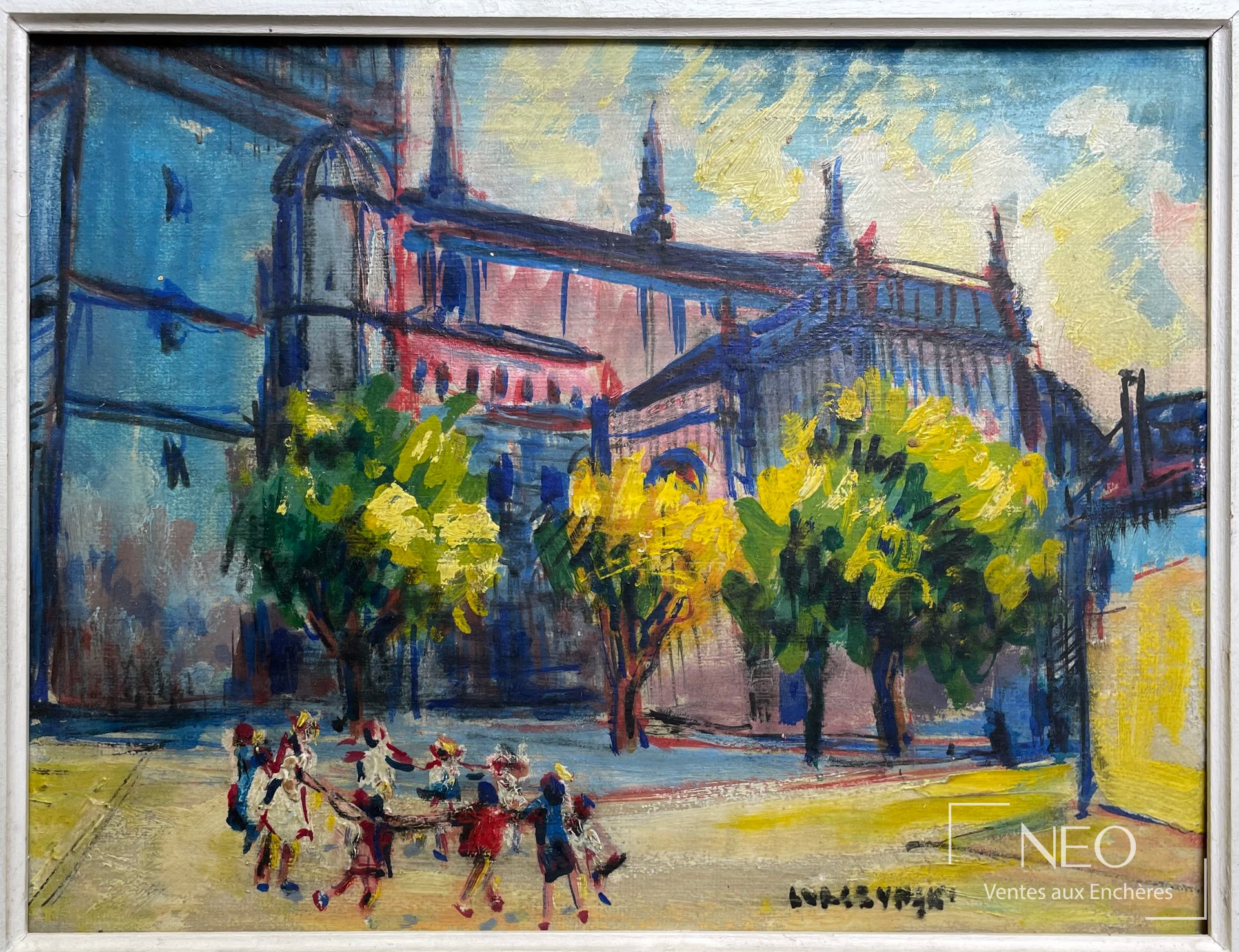 Huile sur carton de Mieczyslaw Lurczynski représentant une ronde d'enfants devant une église