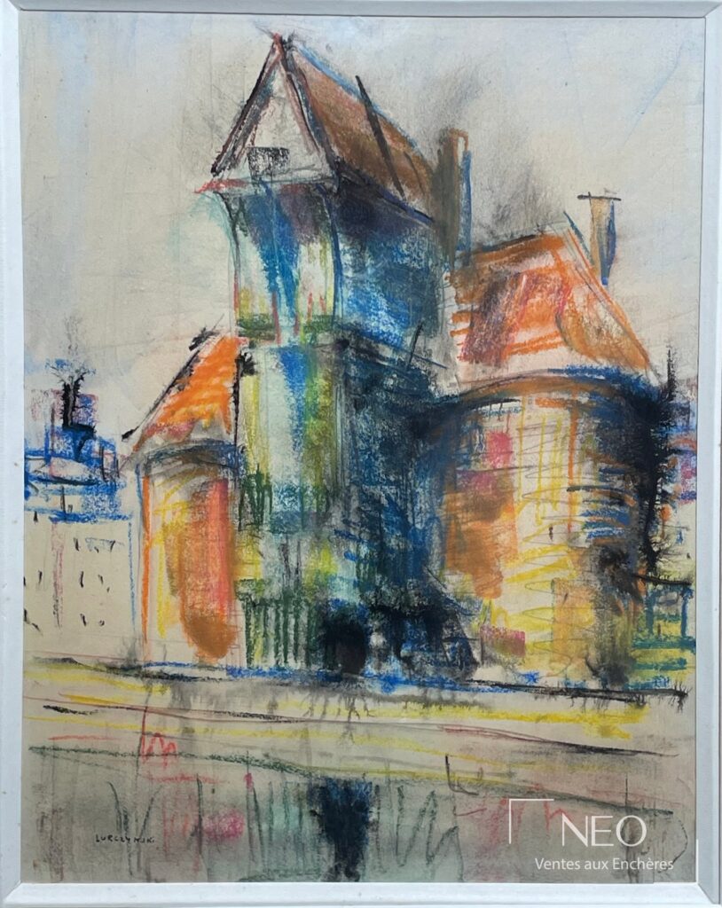 Vue générale d’un dessin coloré représentant une maison à tourelle
