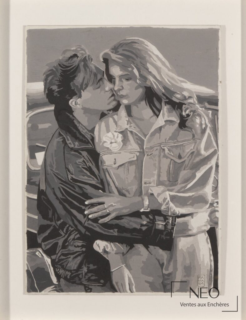 Illustration de couple enlacé en nuances de gris