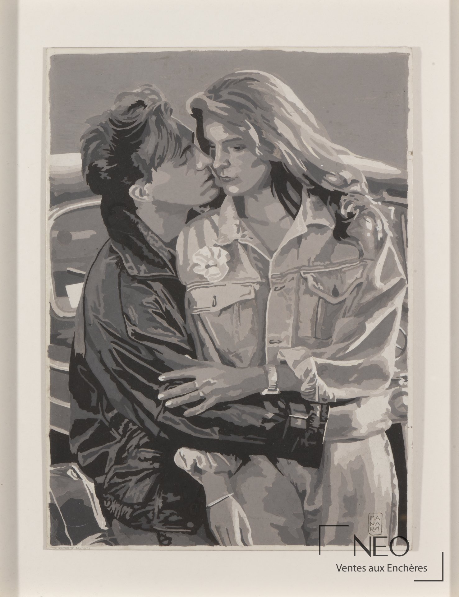 Illustration en gouache sur carton représentant un couple enlacé