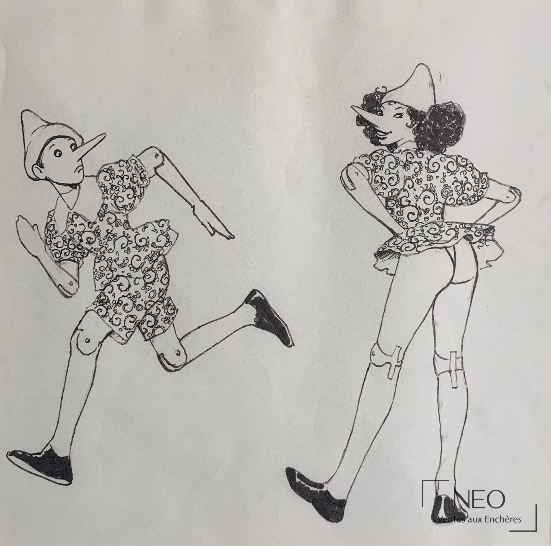 Milo Manara Hommage à Pinocchio, feutre et encre de Chine