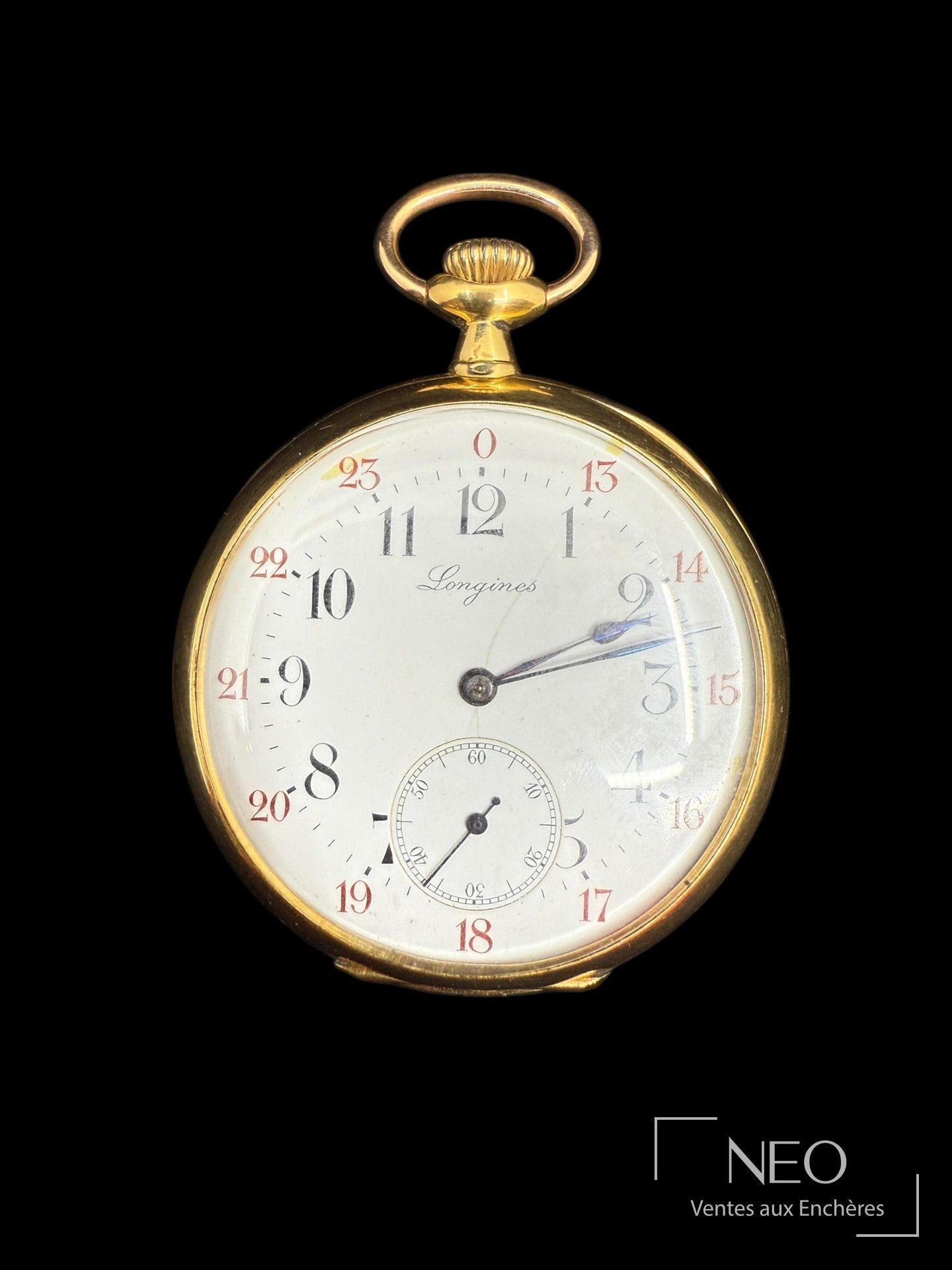 Montre à gousset Longines en or jaune avec cadran émaillé blanc et petite seconde