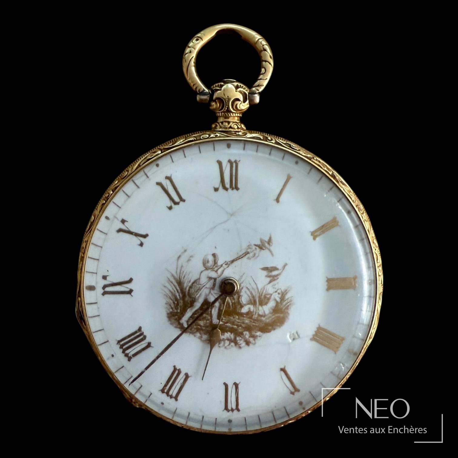 Montre à gousset en or jaune 18 carats, décor gravé et scène de chasse