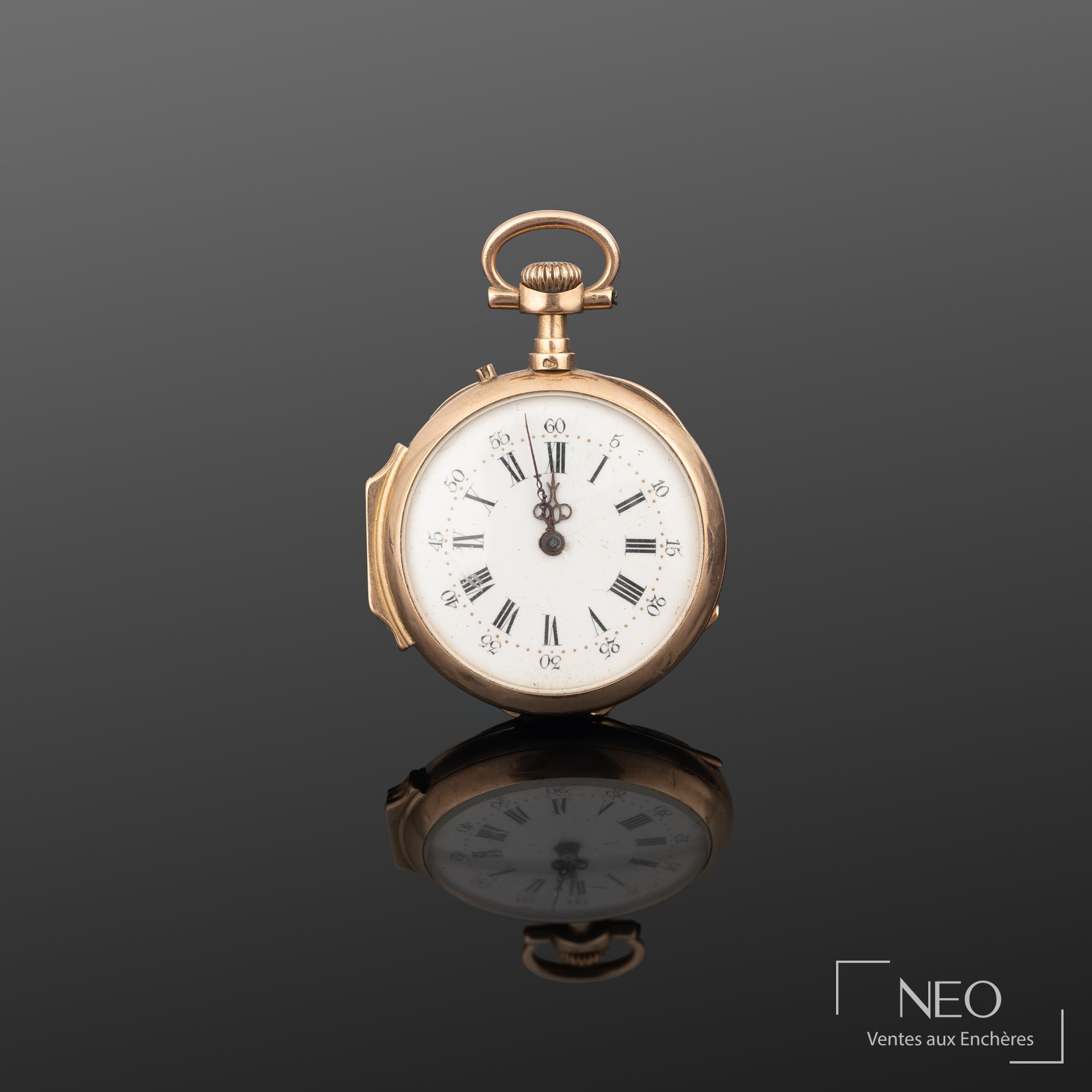 Montre à gousset en or jaune 18K, boîtier rond et cadran émaillé