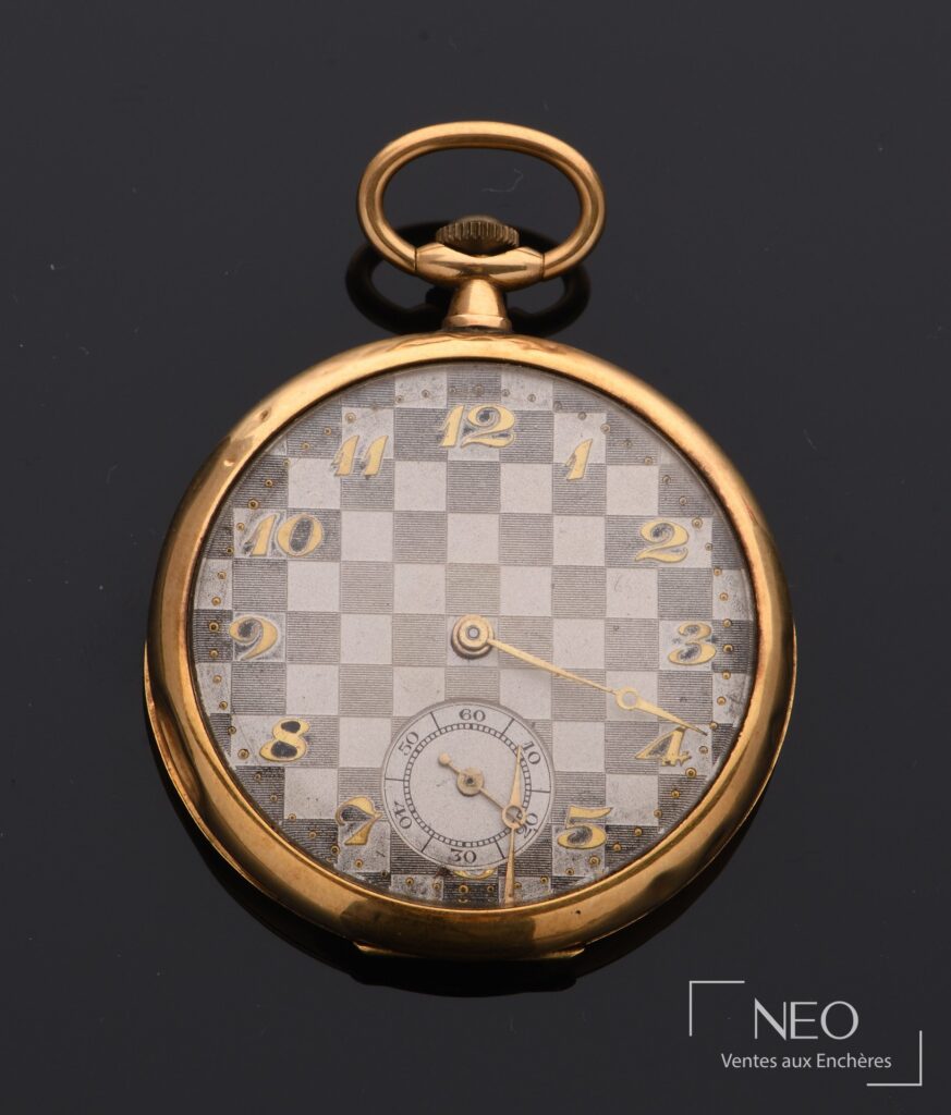 Montre à gousset en or jaune avec cadran à damiers et petite seconde à 6 heures
