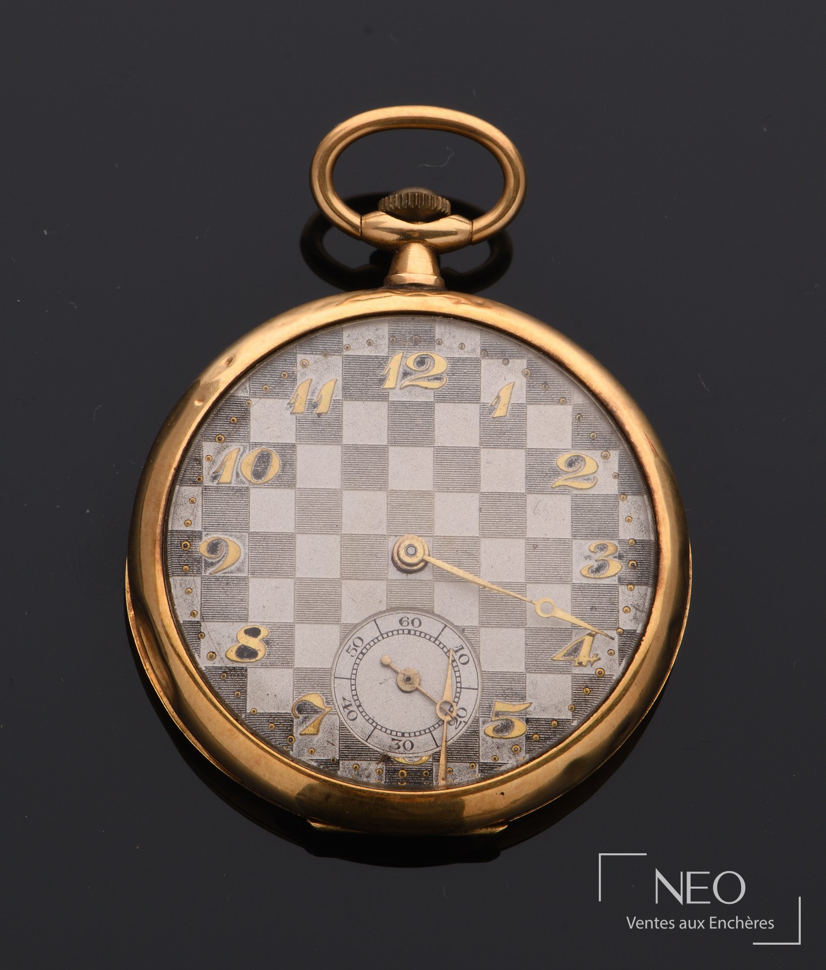 Montre à gousset en or jaune avec cadran à damiers et petite seconde à 6 heures
