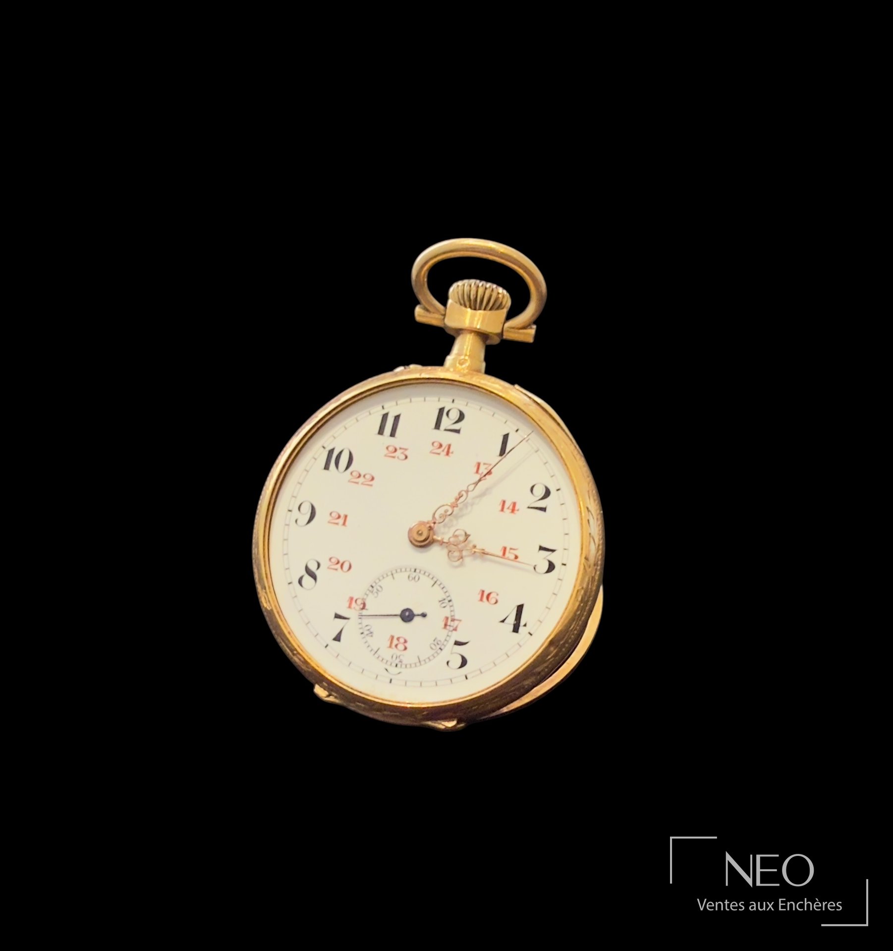 Montre à gousset en or jaune 18 carats, boîtier gravé et cadran émaillé