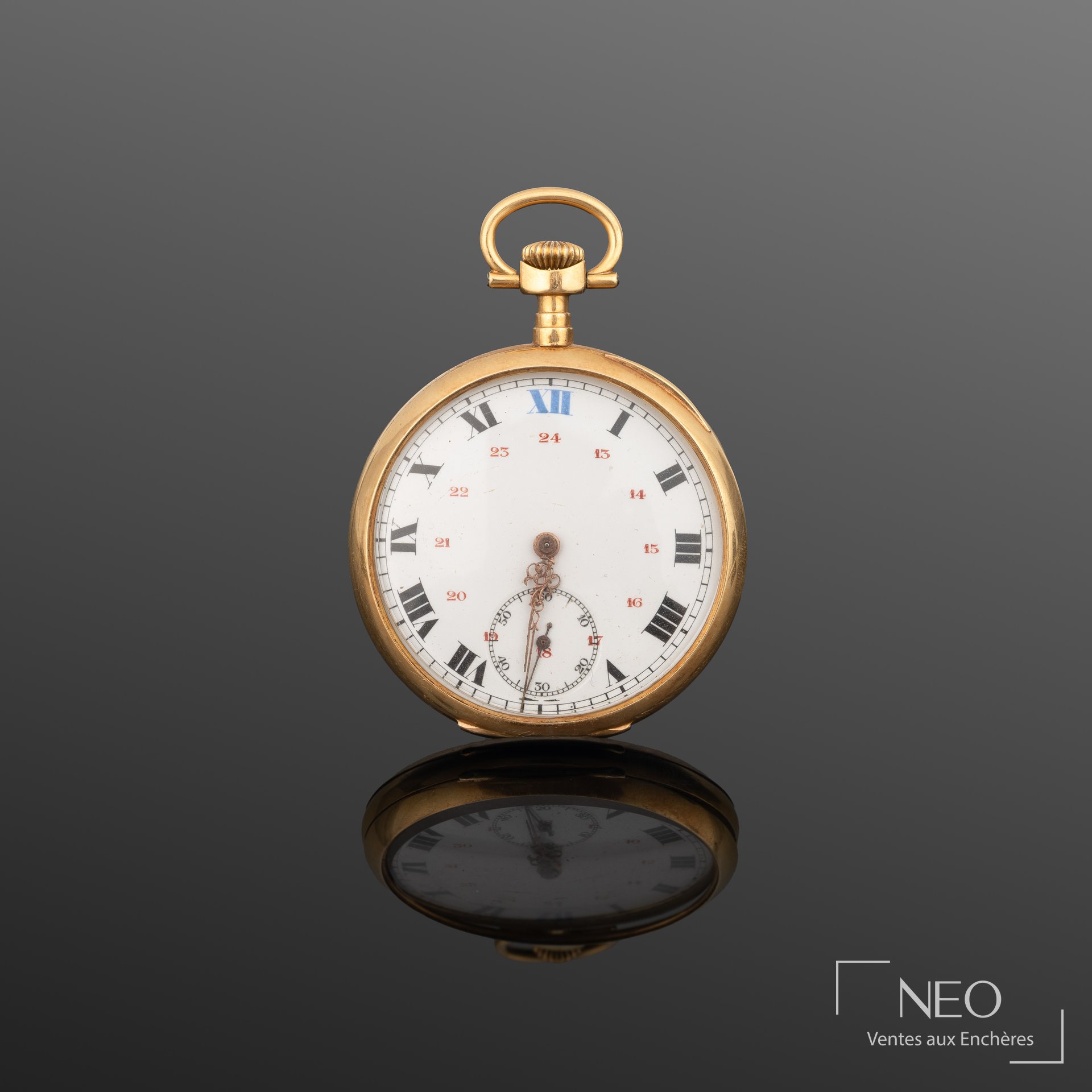 Montre à gousset en or jaune 18K, boîtier rond et cadran émaillé