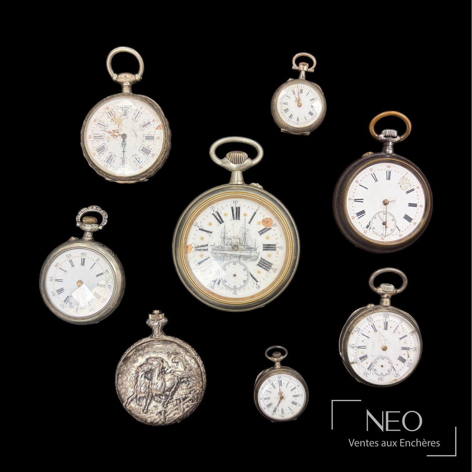 Ensemble de huit montres à gousset présentées de face