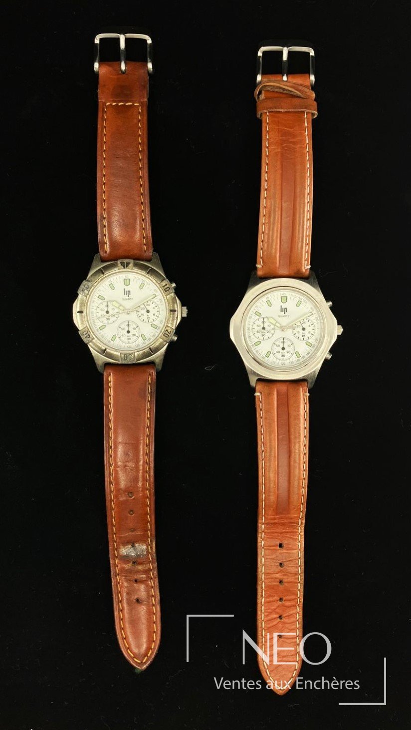 Deux montres bracelet LIP à cadran émaillé blanc et mouvement quartz