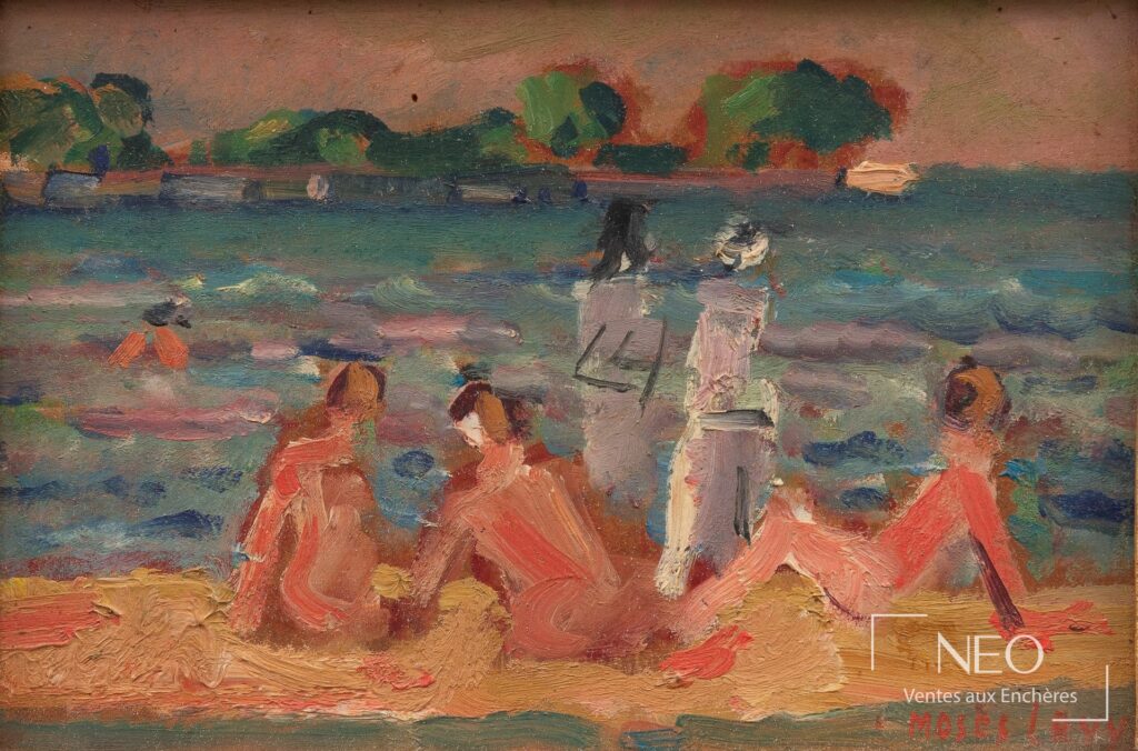 Scène de baigneurs peinte à l'huile avec touche vive et figures sur la plage