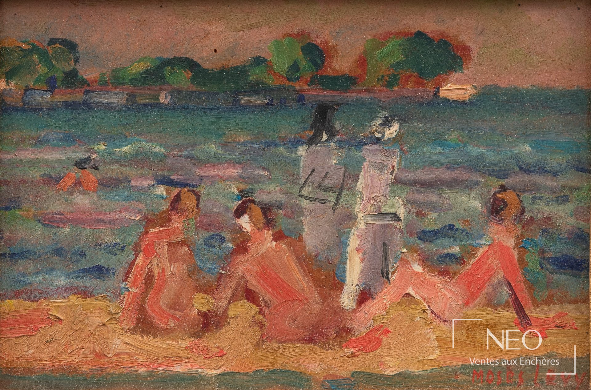 Scène de baigneurs peinte à l'huile avec touche vive et figures sur la plage
