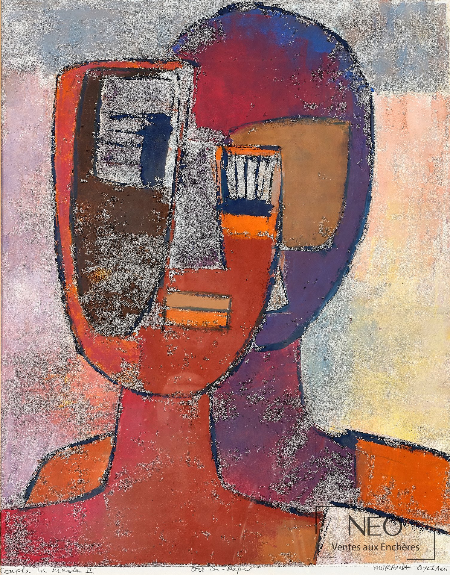 Huile sur papier colorée figurant un buste stylisé