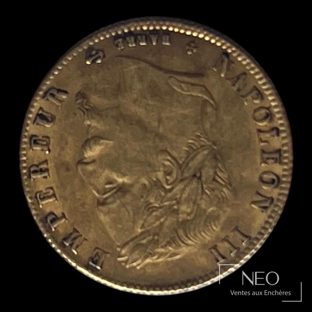 Avers d'une pièce 5 francs or Napoléon III tête laurée de 1863