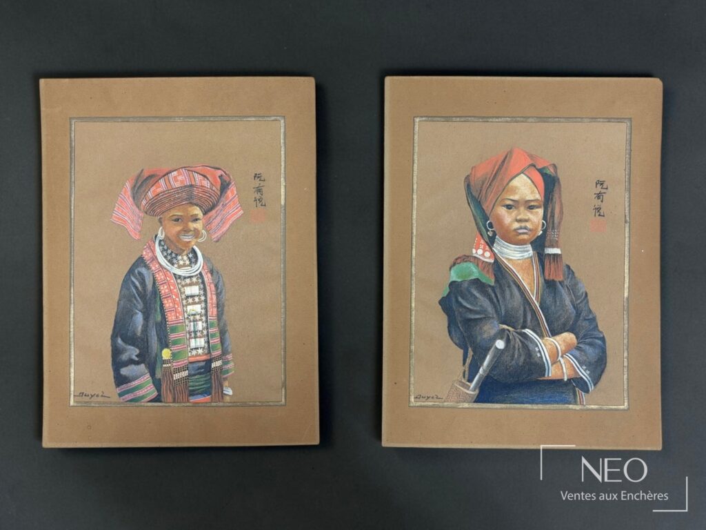 Deux pastels de Nguyen Huu DUYET représentant des femmes enturbannées sur papier brun
