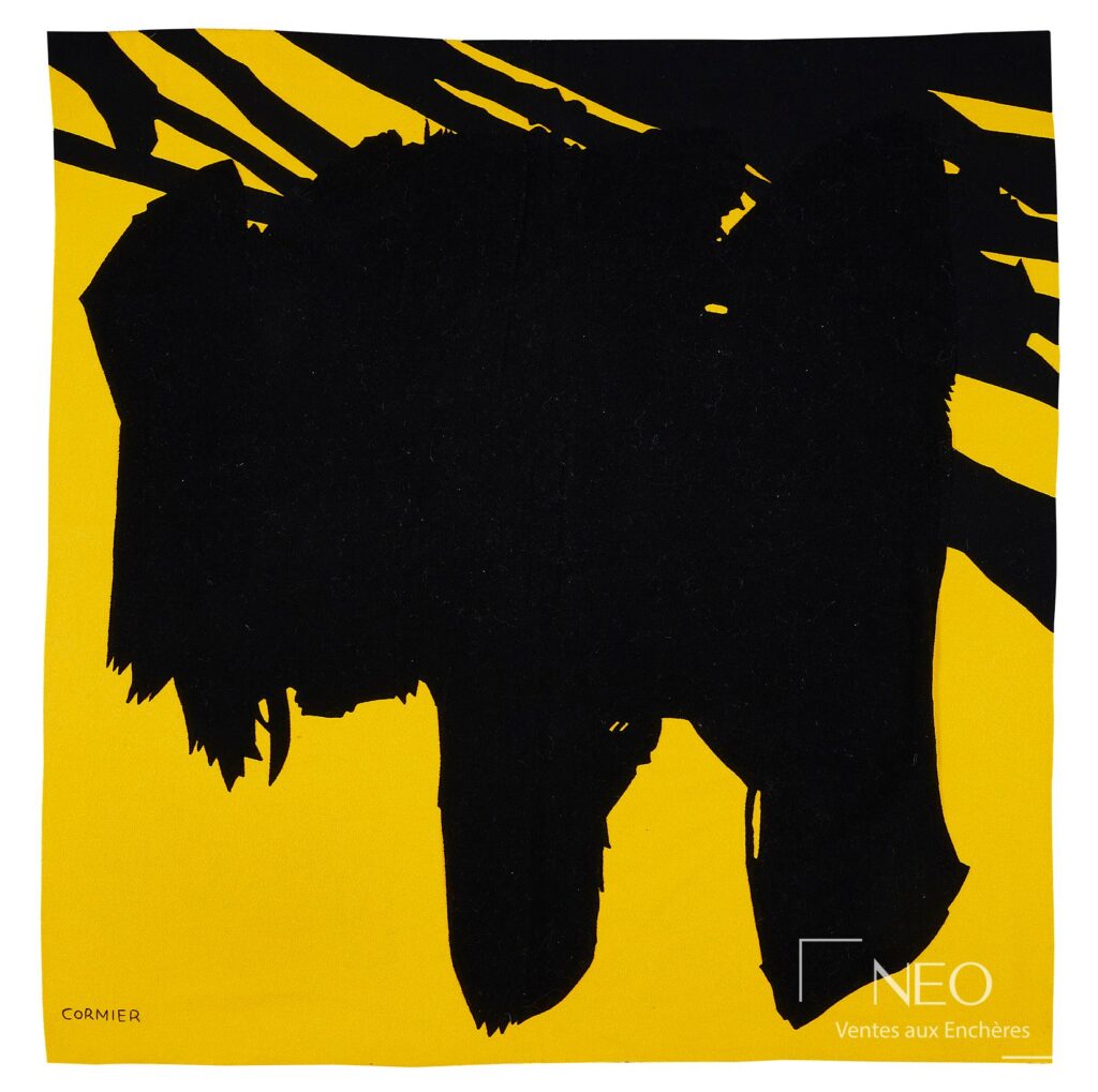 Tapis en feutre jaune et noir signé Cormier