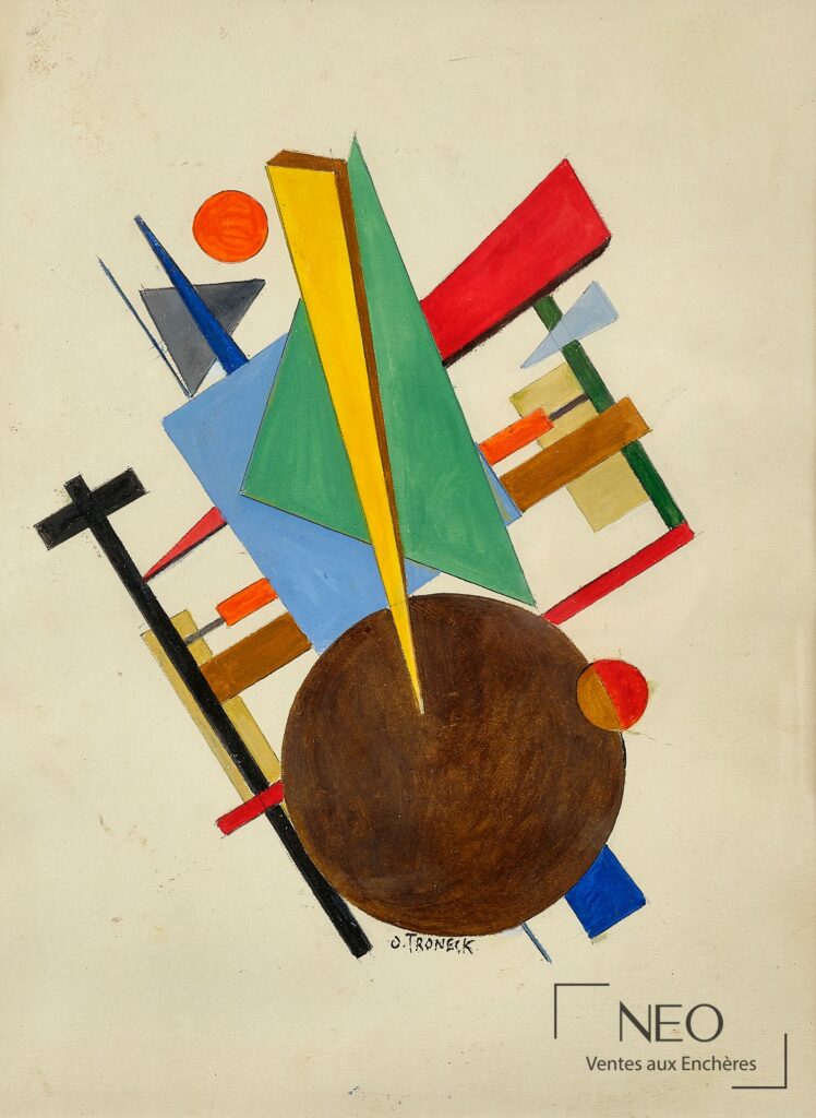 Composition abstraite colorée sur papier signée O. Troneck