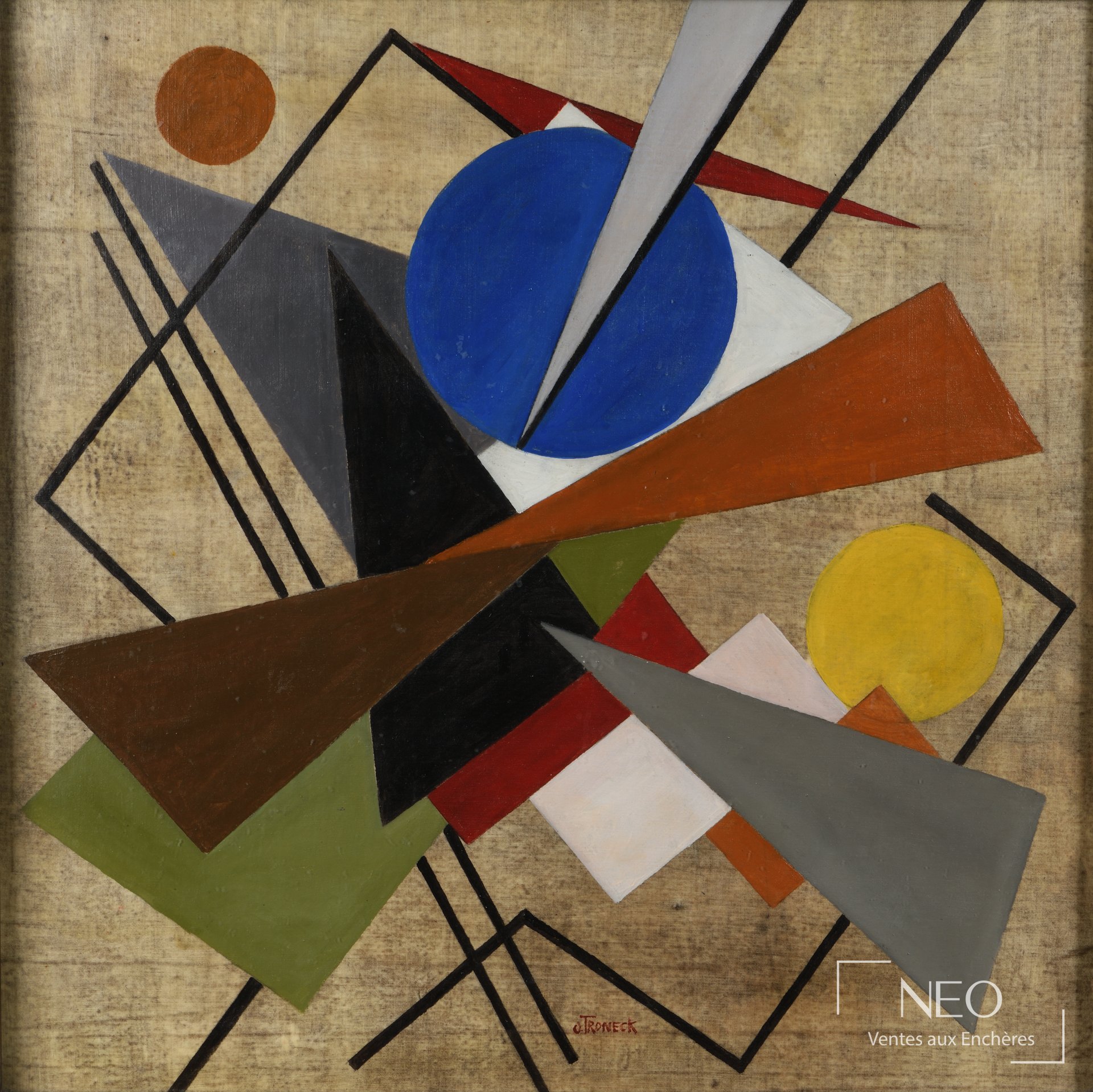 Composition abstraite d'Oscar Troneck aux formes géométriques et couleurs vives sur fond beige