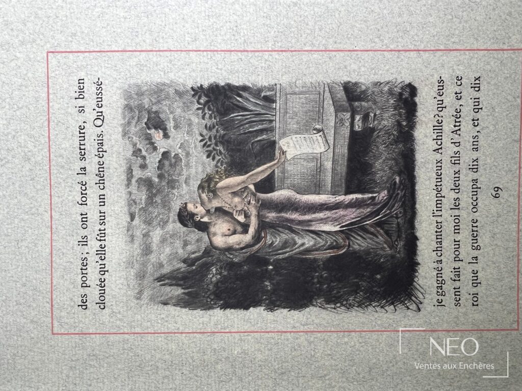 Page illustrée d'une scène antique avec texte imprimé en marge