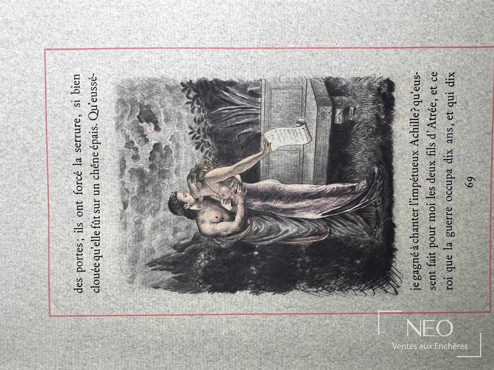 Page illustrée d'une scène antique avec texte imprimé en marge