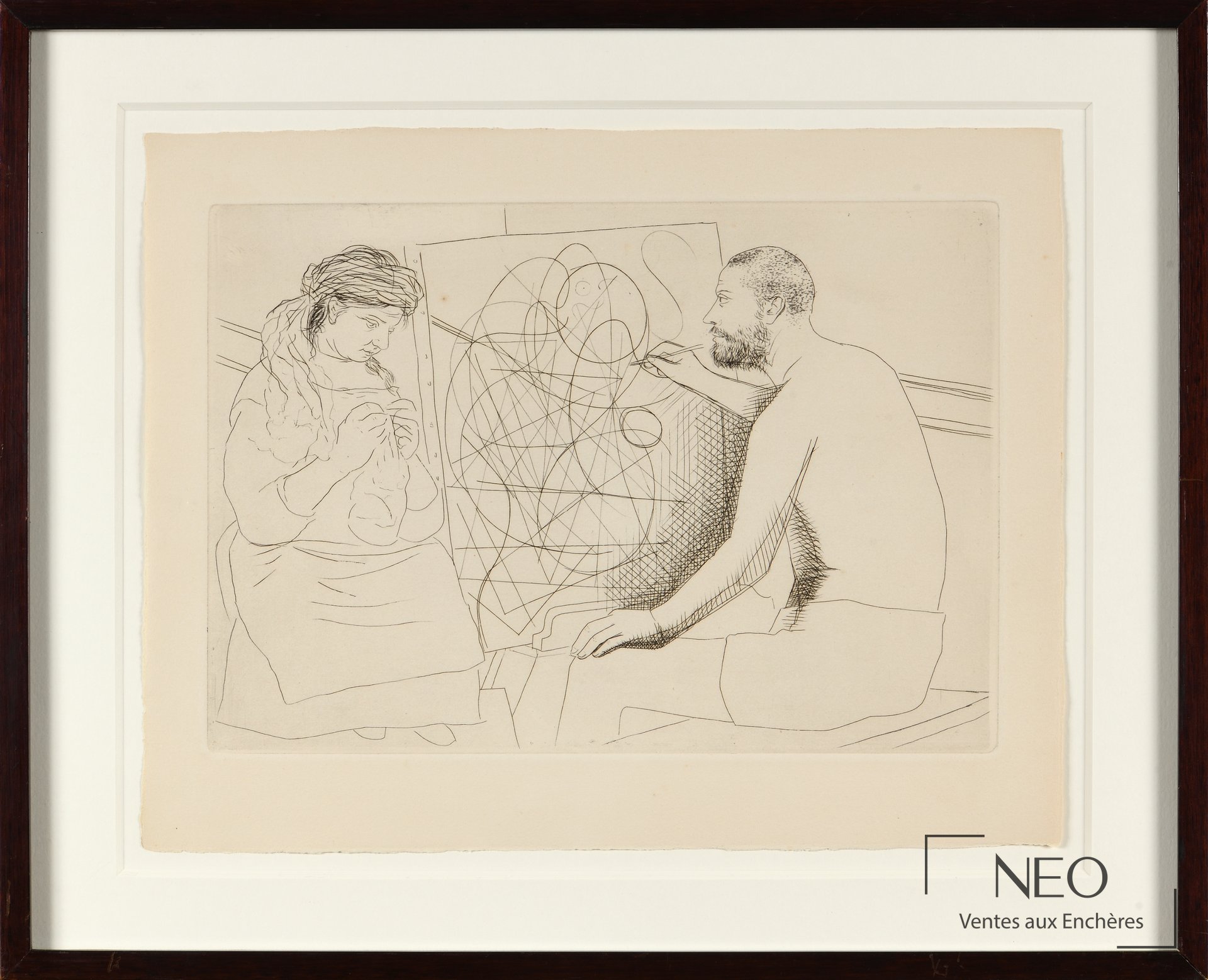 Eau-forte encadrée de Pablo Picasso représentant deux figures autour d’un panneau griffonné