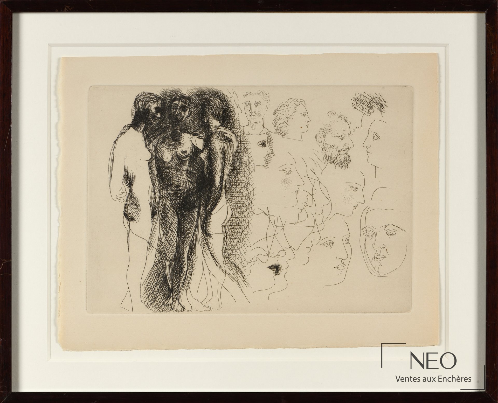 Eau-forte encadrée de Pablo Picasso montrant des nus debout et des études de têtes