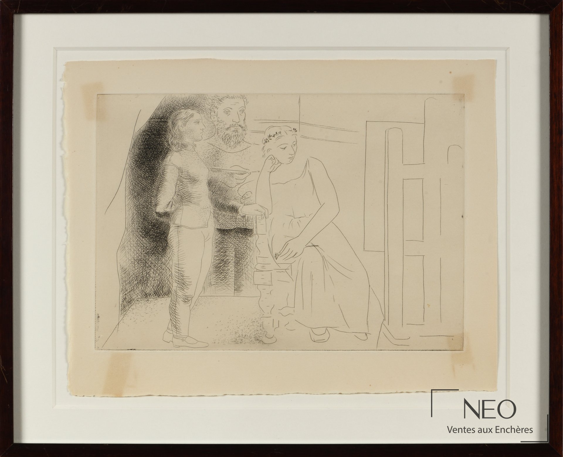 Eau-forte de Pablo Picasso représentant trois personnages dans un intérieur