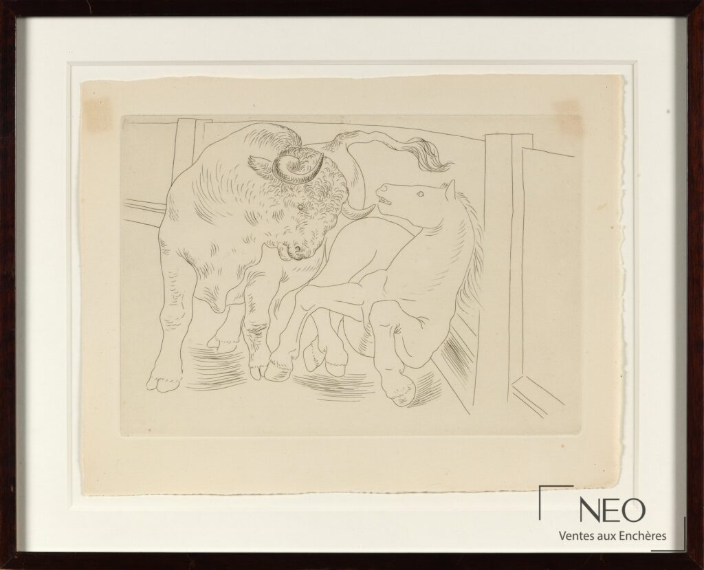 Eau-forte de Pablo Picasso montrant un taureau et un cheval dans l’arène