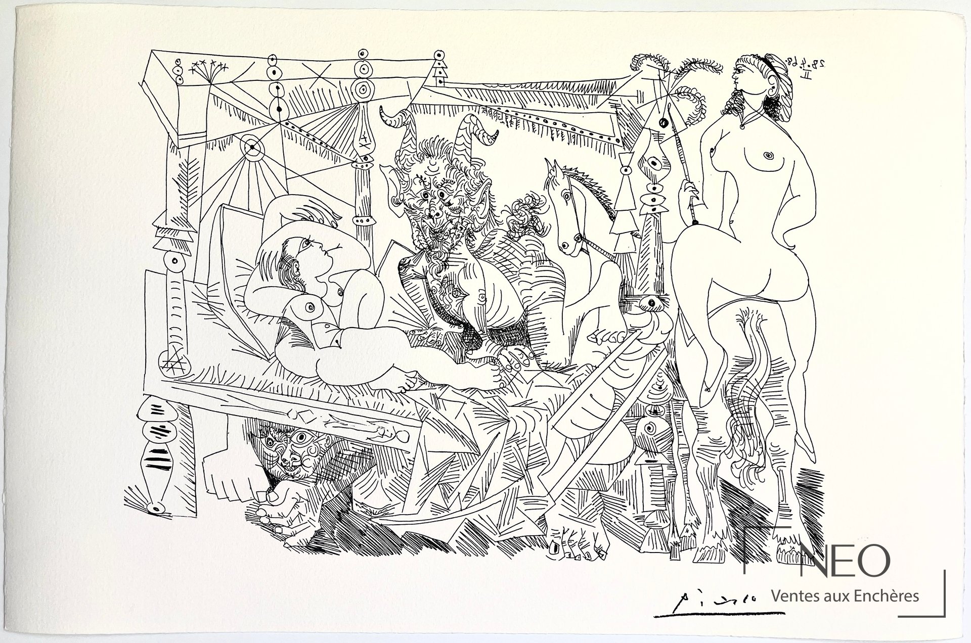 Lithographie de Pablo Picasso représentant une composition foisonnante en noir sur papier