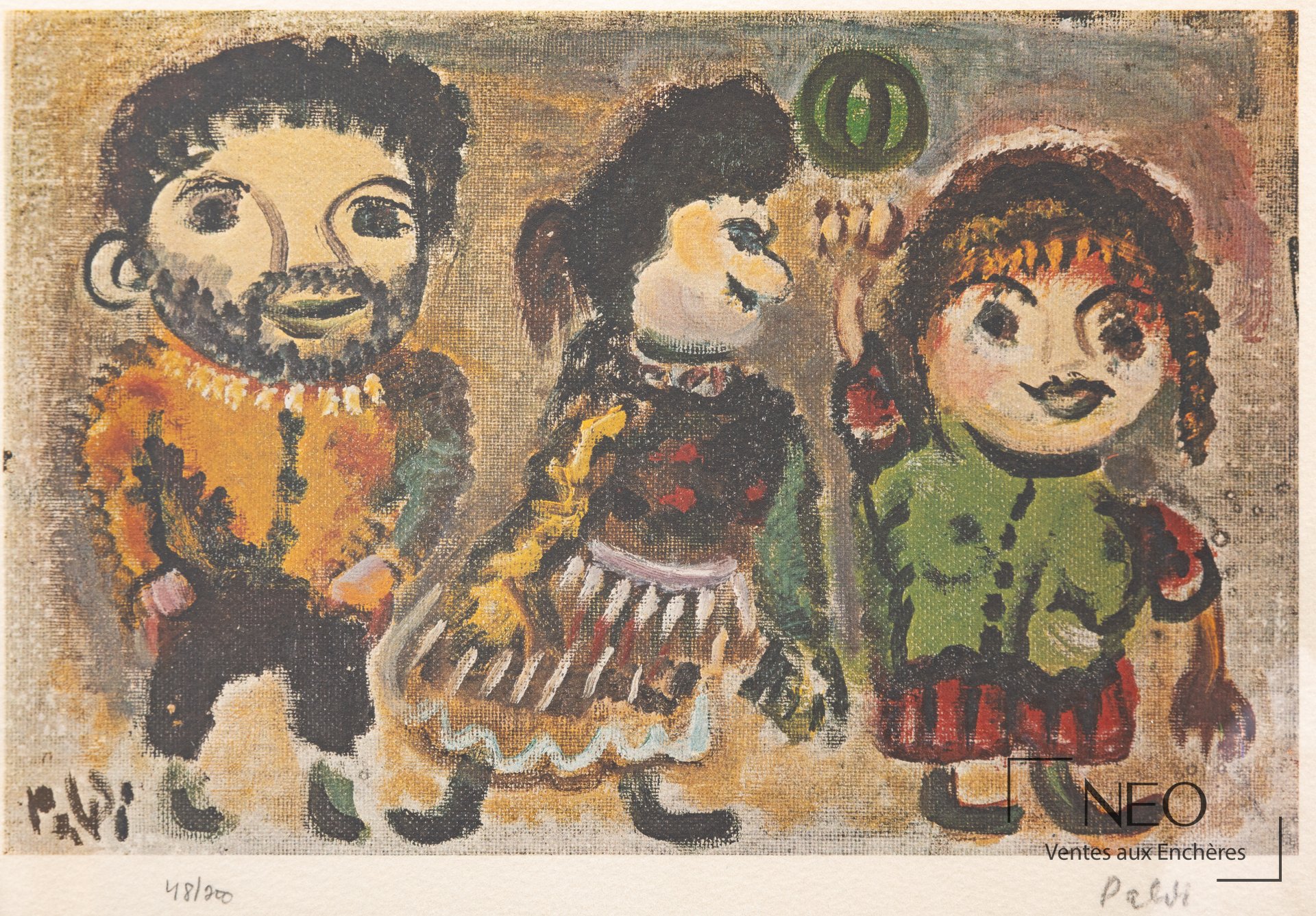 Estampe de Palvi montrant trois personnages colorés