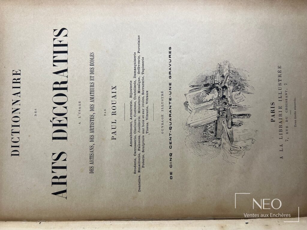 Page de titre du Dictionnaire des Arts Décoratifs de Paul Rouaix avec mention de la librairie illustrée.