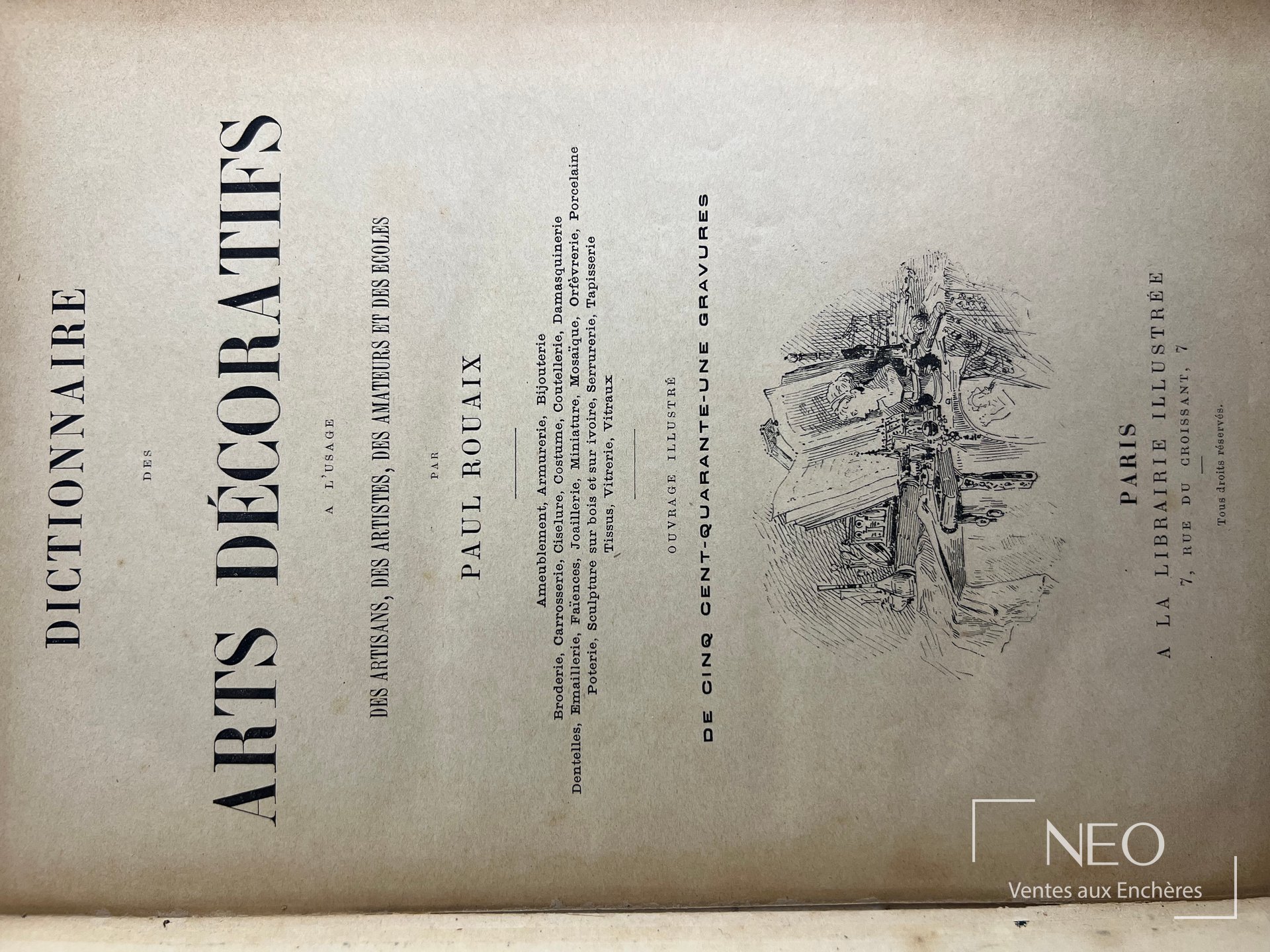 Page de titre du Dictionnaire des Arts Décoratifs de Paul Rouaix avec mention de la librairie illustrée.
