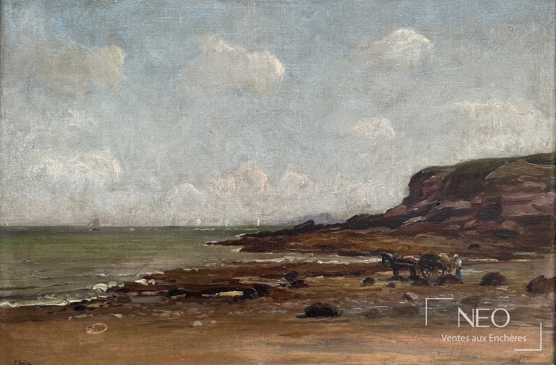 Huile sur toile représentant un paysage de grève avec charrette et personnage près de la mer