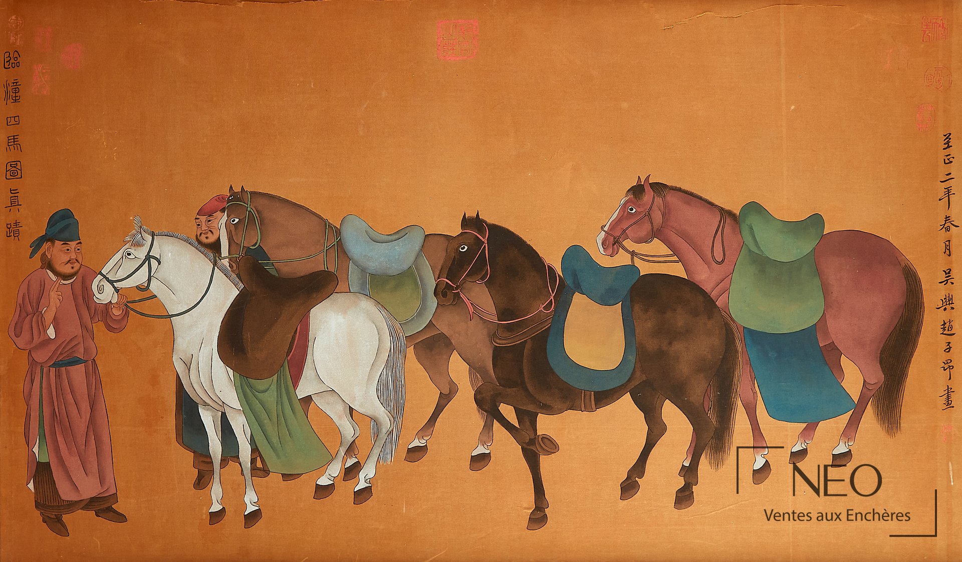 Peinture chinoise Cavaliers et leurs chevaux, travail du XXe siècle