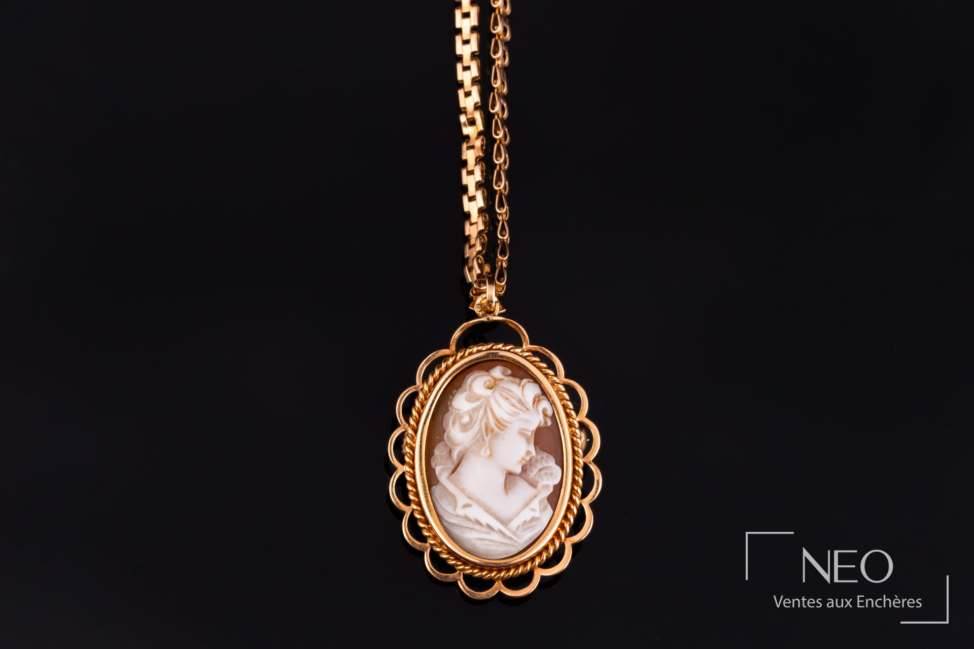 Chaîne en or jaune 18 carats et pendentif camé en or rose