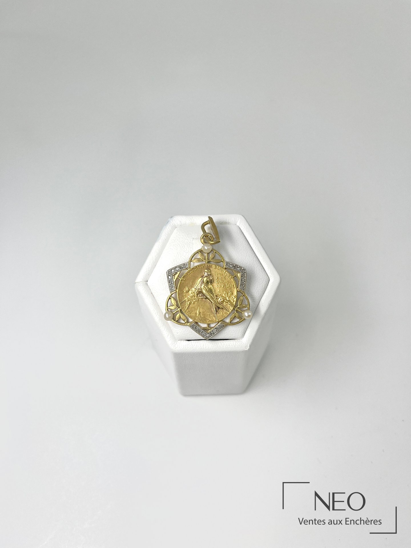 Pendentif en or jaune 18 carats avec médaille, oiseaux et chaîne