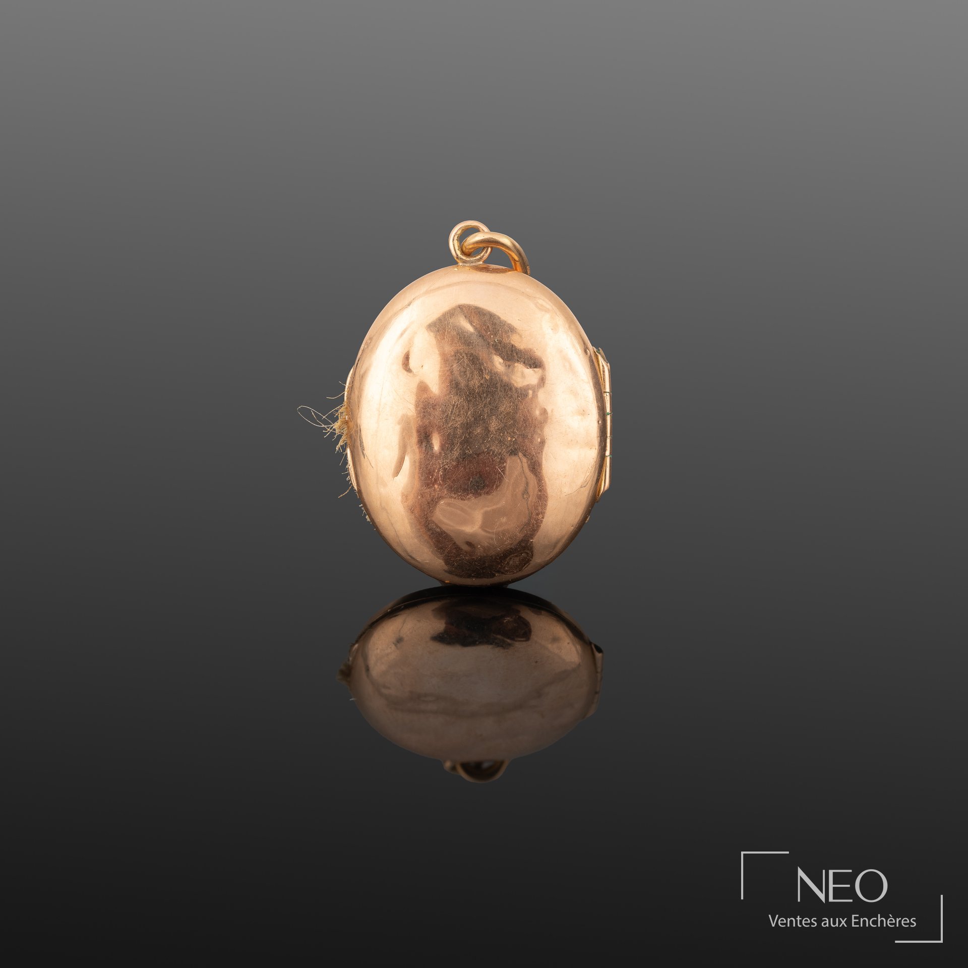 Pendentif porte-photo ovale en or jaune avec mèche de cheveux visible sous la surface.